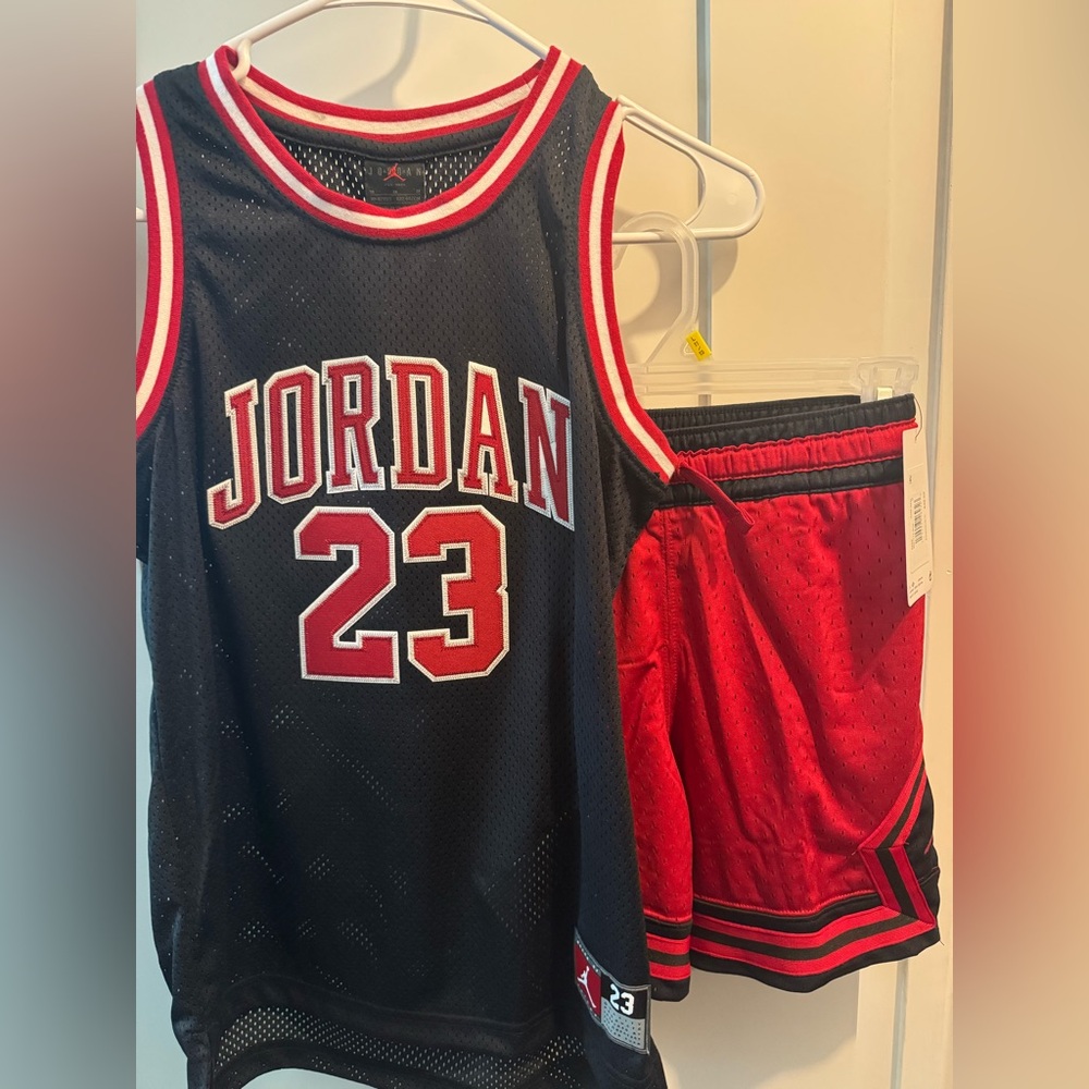 Boys Michael Jordan Black and Red Basketball Jersey Set